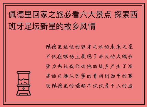 佩德里回家之旅必看六大景点 探索西班牙足坛新星的故乡风情
